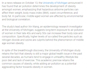 Air Pollution Affects Women's Weight, BMI, Body Fat, and Waist Circumference